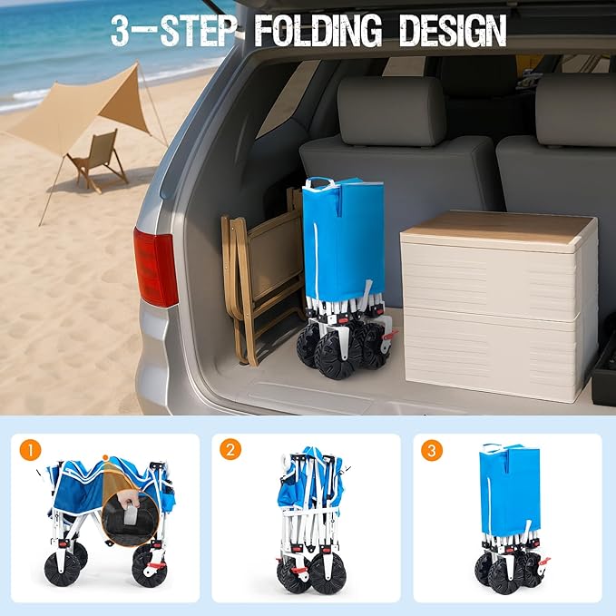 49" L Extra Long Beach Wagon with Tailgate,Big Wheels with Brake for Sand, Collapsible Utility Beach Cart Heavy Duty Folding Wagon,Ideal for Outdoor Sand Camping Garden Pet