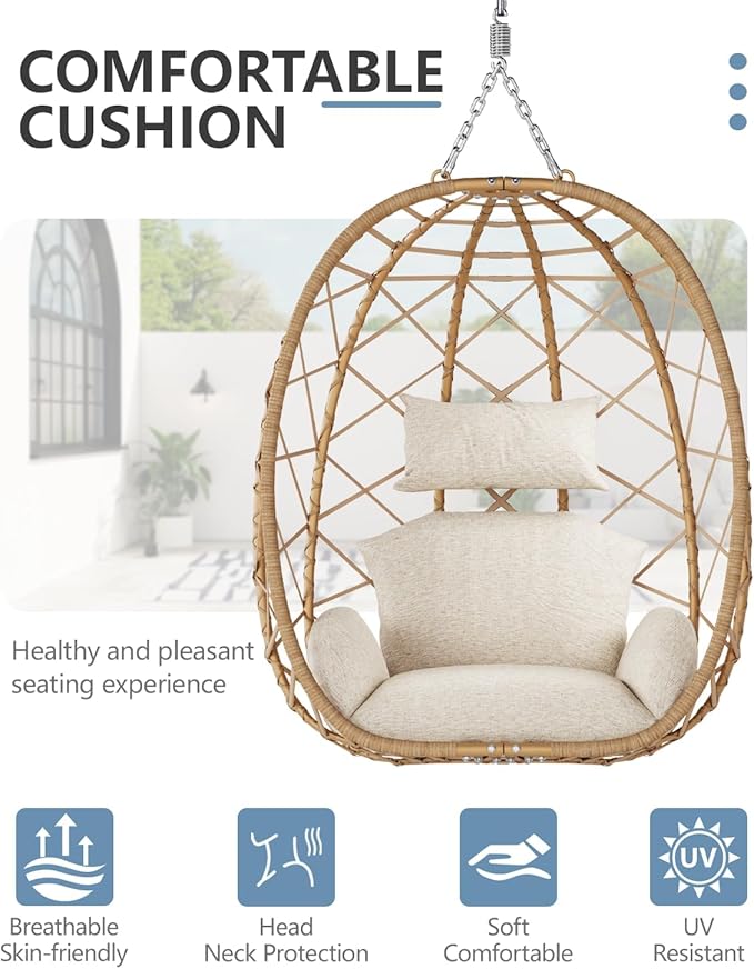 SWITTE Hanging Egg Chair with Stand, Outdoor Swing Egg Chair with Footrest, Patio Hammock Chair with Cushion for Garden Backyard-Cream