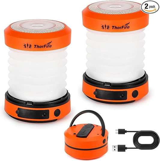 THORFIRE Collapsible LED Camping Lantern Rechargeable, Portable Hand Crank Lantern Flashlight with 4 Light Modes for Power Outage, Hiking, Emergency, Fishing (2 Pack)