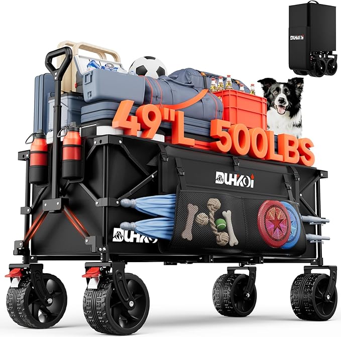 49" L Collapsible Foldable Extended Wagon with 500lbs Weight Capacity,300L Heavy Duty Beach Cart,Large Utility Wagon with Cup Holders,Cart for Sports,Outdoors,Grocery,Shopping,Black