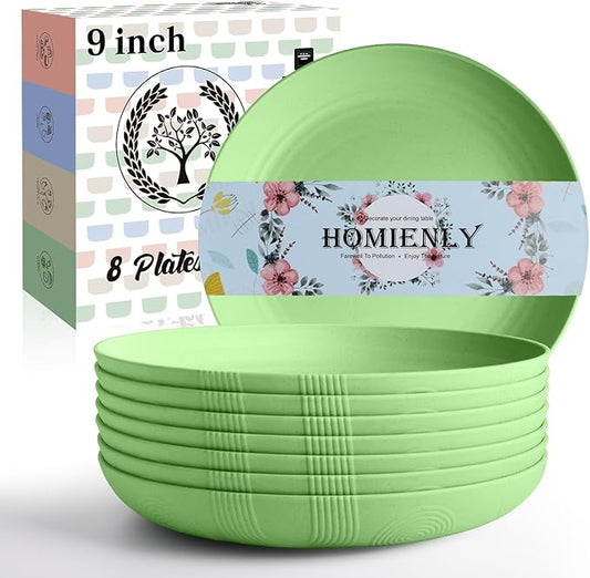 Homienly Wheat Straw Plates,Lightweight Unbreakable Dinner Plates Set 9 inch,Service for 8, Alternative to Plastic Plates Reusable,Microwave and Dishwasher Safe Plate Set for Salad,Dinner(Light Green)