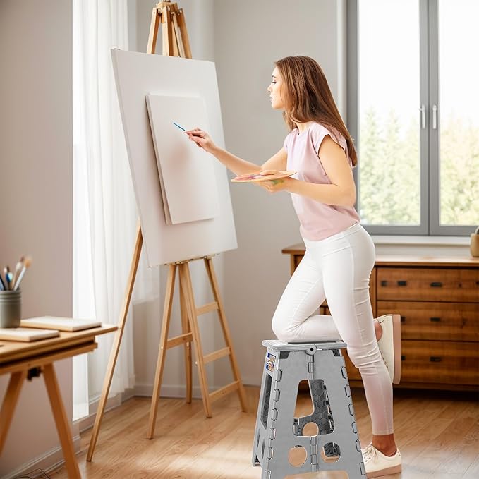 ACKO Folding Step Stool Foldable 16 Inch 400 lbs Capacity, Plastic Stools for Adults and Kids, Collapsible Stools for Kitchen, Stepping Stool with Handle(Grey)