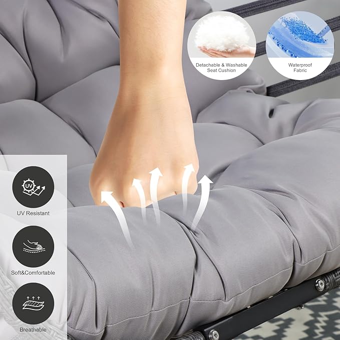 PRIVATE GARDEN Indoor Outdoor Hanging Egg Chair Wicker Hammock Swing Chairs UV Resistant Cushion Folding Aluminum Basket Frame for Bedroom Balcony Patio 330lbs Capacity