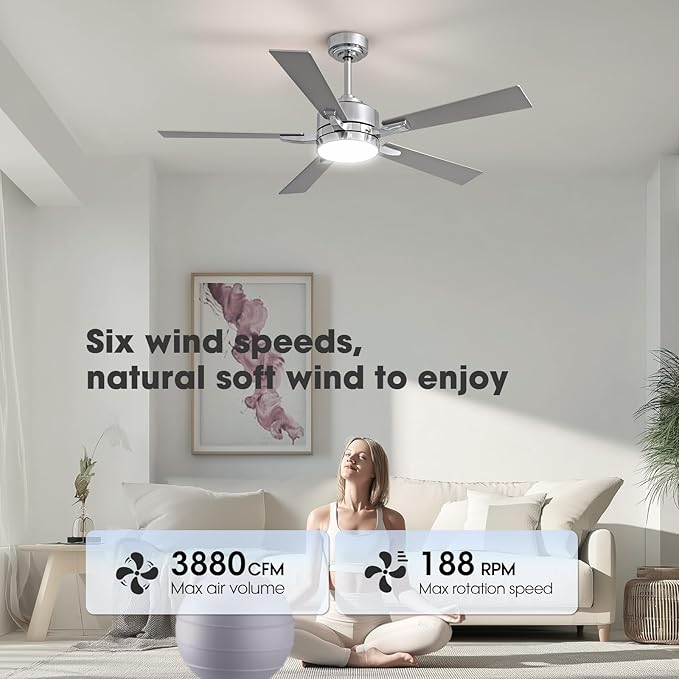 Ceiling Fan with Light, 52" Modern Low Profile Ceiling Fan with Light, DC Reversible Motor, Smart APP & Remote Control, Whisper Quiet, Dimmable LED for Bedroom/Living Room