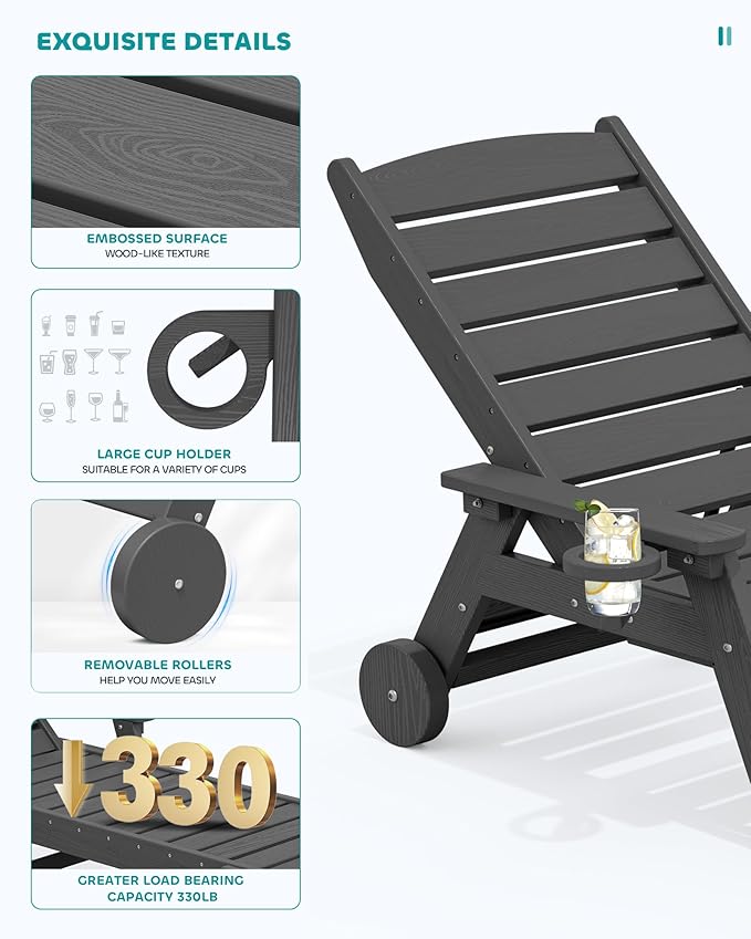 SERWALL Patio Chaise Lounge Chair Set of 4, 5 Positions Adjustable Poly Outdoor Lounge Chair for Pool, HDPE Lounge Chair with Rolling Wheels & Cup Holder for Poolside, Deck, Slate Gray