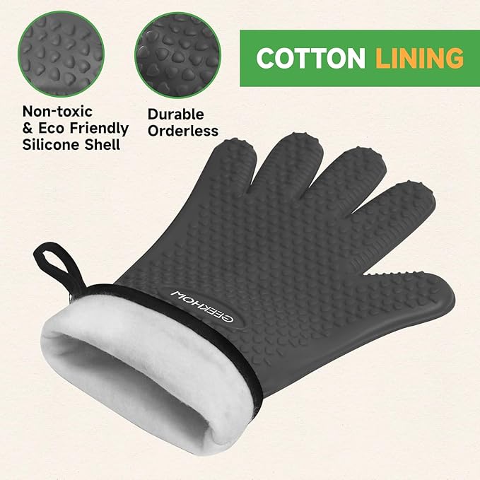 GEEKHOM BBQ Gloves Heat Resistant Oven Mitts - Silicone Grilling Gloves with 14" Long Arm Protection - Waterproof Pot Holder Non-Slip for Men & Women, Kitchen Cooking, Baking, Camping, Gray