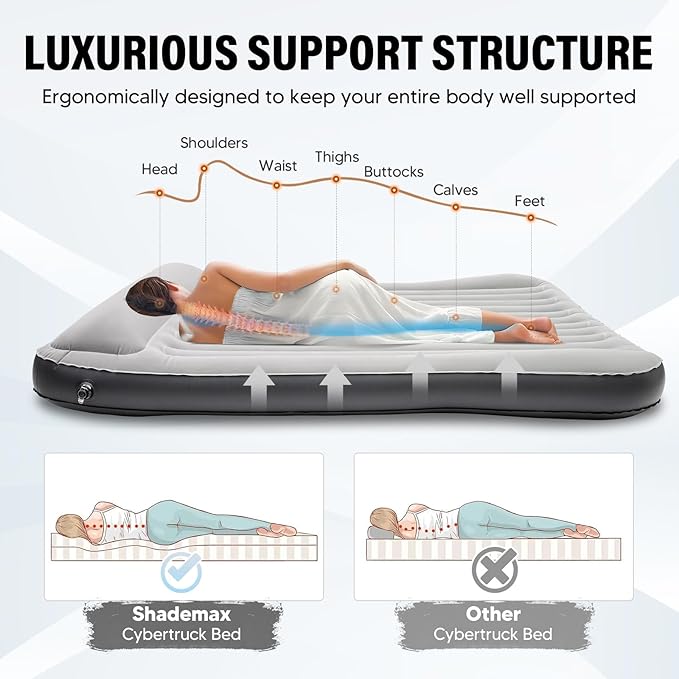 Shademax Inflatable Truck Bed Air Mattress for Tesla Cybertruck 2024 2025 2026 Accessories Thicken Air Mattress Sleeping Truck Tent Beds for Outdoor Camping Travel Inflatable Air Bed w/Pump, Carry Bag