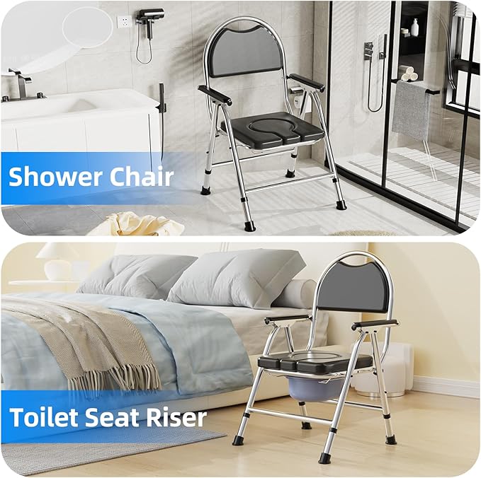4 in 1 Folding Bedside Commode Chair for Elderly with Arms and Back,Adjustable Height Raised Toilet Seat with Handles,Adults Potty Chair for Seniors,Disabled Holds Up to 350 lbs (PU Soft Seat)
