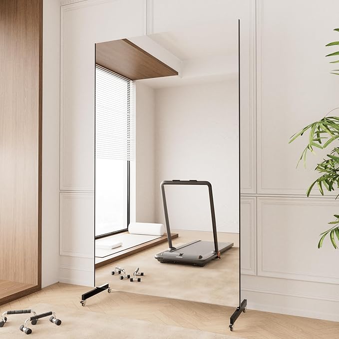 brisafe Home Gym Mirror 360° Swivel on Wheels, 79" X 47" Extra Large Full Body Rolling Mirror for Yoga, Nano Film Super Lightweight Unbreakable Floor Mirror, Black, 12lbs