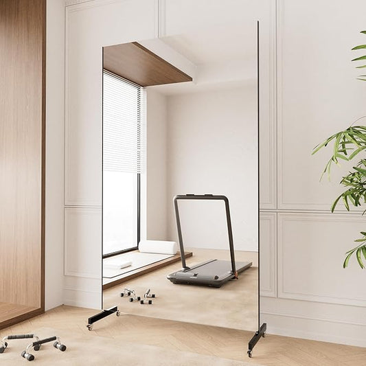 brisafe Home Gym Mirror 360° Swivel on Wheels, 79" X 47" Extra Large Full Body Rolling Mirror for Yoga, Nano Film Super Lightweight Unbreakable Floor Mirror, Black, 12lbs