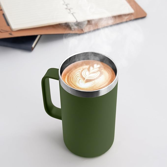 DOMICARE 24oz Mug with Handle and Lid, Stainless Steel Coffee Mug, Travel Mug with Handle, Double Wall Vacuum Coffee Tumbler, Reusable Insulated Cup, Army Green, Pack 8
