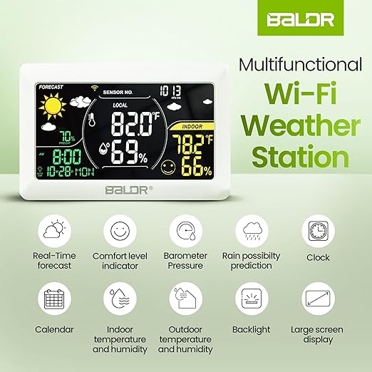 BALDR WiFi Weather Station with App, Wireless Indoor Outdoor Thermometer with Humidity Monitor, Online Real-time Forecast, Smart Home Weather Stations, One Temperature Sensor Included, White