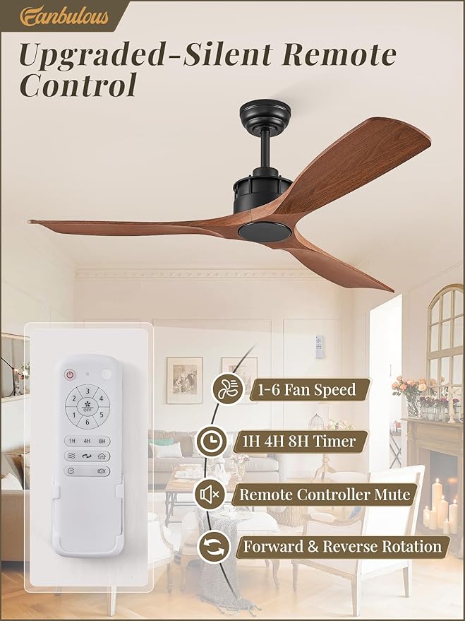 52" Ceiling Fans Without Lights, Flush Mount Ceiling Fan with Remote Control,Modern Outdoor Ceiling Fans with 2 Downrods 6-Speeds Reversible DC Motor for Patio Bedroom Living Room