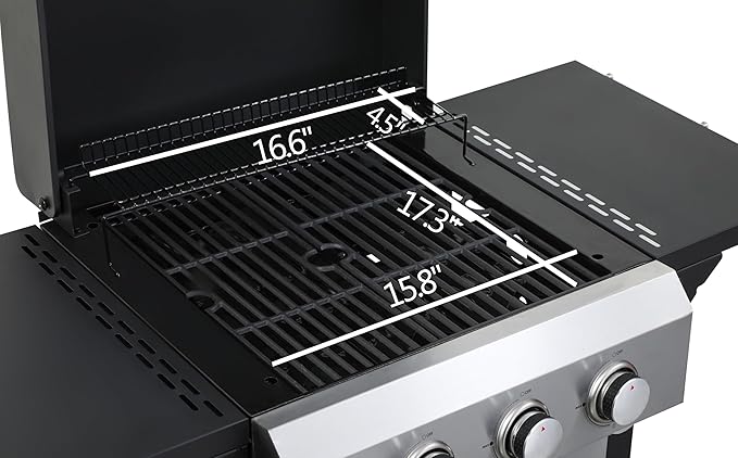 3-Burner Propane Gas BBQ Grill, SS Plancha, 36900BTU Output With Wire Enamel Cooking Grids For Outdoor Barbecue,Stainless Steel Foldable Side Table,Hanging Basket,Black Silver