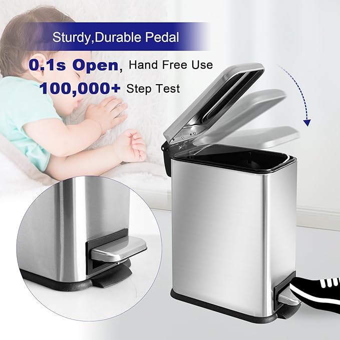 Bathroom Trash Can with Lid，5L/1.3 Gallon Trash Can with Removable Liner Bucket, Small Garbage can for Bathroom,Bedroom,Home Office,Silver
