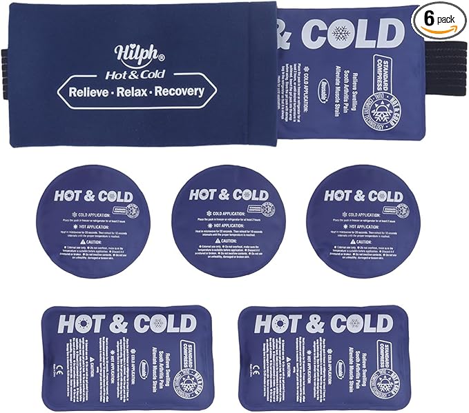 Hilph Ice Pack for Injuries Reusable, 6 Pack Hot and Cold Gel Ice Packs with Adjustable Wrap for Pain Relief, Sports Injury, Swelling, Bruises and Post Surgery Recovery, Ideal for Knee, Back, Ankle