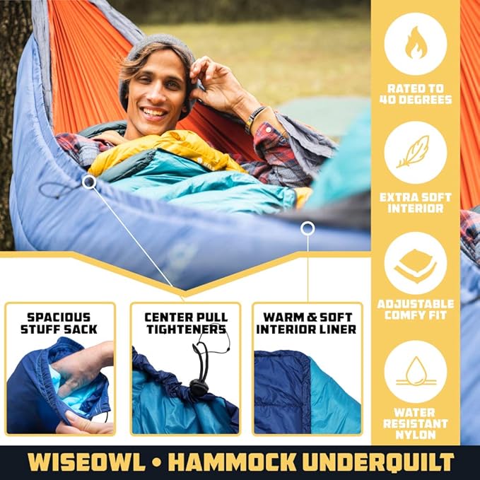 Wise Owl Outfitters Hammock Underquilt – Insulated Camping Quilt for Warm Sleeping – Fits Under Hammocks – Ultralight, Water-Resistant & Packable