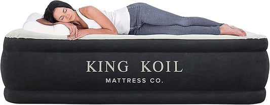 King Koil Full Size Plush Pillow Top Inflatable Air Mattress with Built-in Pump High-Speed Pump for Home, Camping, Guests, Luxury Double High Adjustable Blow Up Bed, Waterproof, 1-Year Warranty.