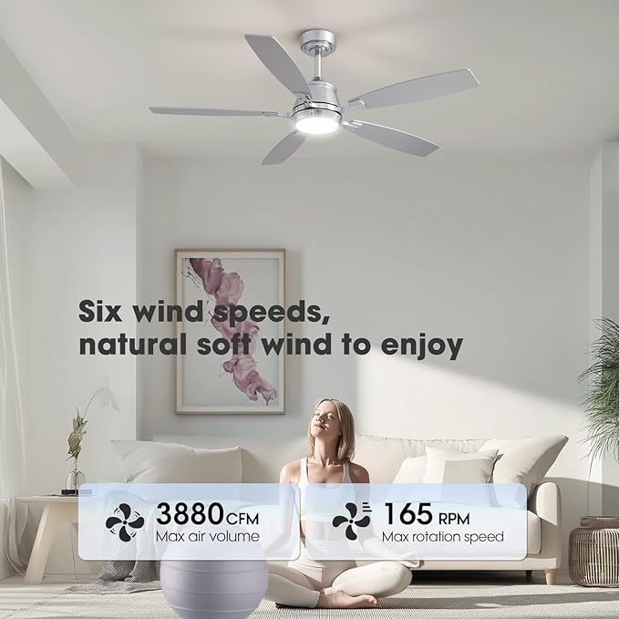 52" Ceiling Fan with Light, Modern Low Profile Ceiling Fan with Light, DC Reversible Motor, Smart APP & Remote Control, Whisper Quiet, Dimmable LED for Bedroom/Living Room