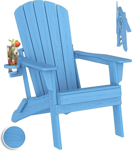 Folding Adirondack Chair with Cup Holder,SGS Tested,Heavy All-Weather,Wooden Textured,HDPE Outdoor Chairs for Patio Backyard Fire Pit, Light Blue