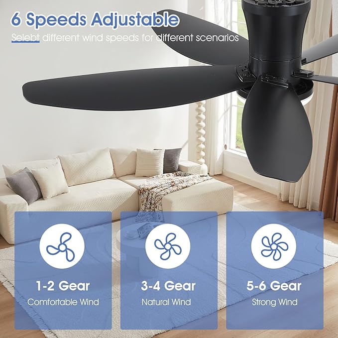 42" Ceiling Fans with Lights-Low Profile Ceiling Fan with Light and Remote/APP Control,Flush Mount,DC Reversible,LED Dimmable Black Ceiling Fans for Bedroom,Indoor/Outdoor Patio Use