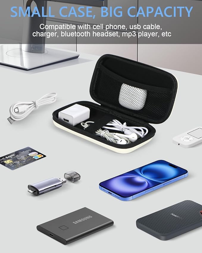 GLCON Off White Small Travel Electronic Organizer Case - Universal Hard Carrying Case Portable Storage Pouch Bag for Tech Accessories, Cable, Cord, MP3 Players, Card, Car Key Cash, SD Card