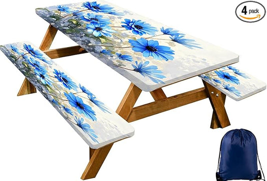 CAPSCEOLL Elastic Picnic Table Cover with Bench Covers 5Ft Waterproof Fitted Picnic Table Cover Cloths for Outdoors Camping Tablecloth with Drawstring Bag, 60X30in, Blue Flowers