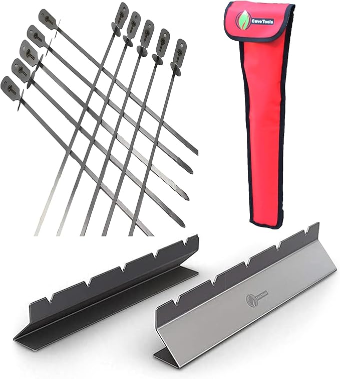Cave Tools Kebab Rack & Skewers Set - Stainless Steel, Includes 10 Flat Skewers with Food Remover Disc - Compatible with All Types - 17.3 Inch BBQ Grilling Accessories