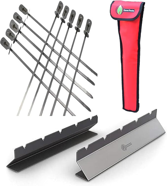 Cave Tools Kebab Rack & Skewers Set - Stainless Steel, Includes 10 Flat Skewers with Food Remover Disc - Compatible with All Types - 17.3 Inch BBQ Grilling Accessories