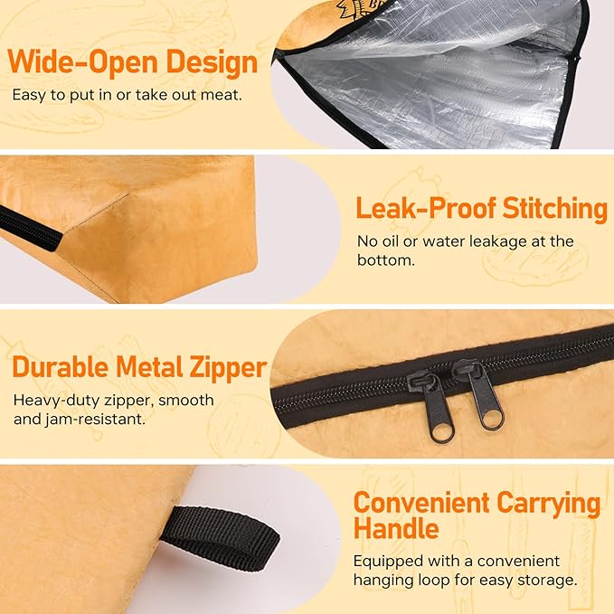 BBQ Blanket for Resting Meat 21 in Reusable Insulated Smoker Grilling Meat Resting Bag with Dual Zippers, Wide Mouth Design for Large Briskets/Pork Shoulders/Turkeys, Grill Gifts