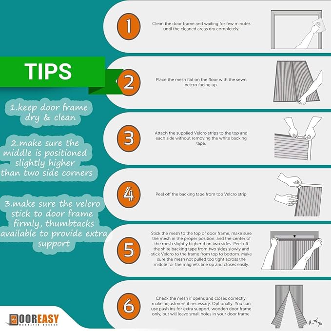 DOOREASY Magnetic Screen Door, Full Length Loop Sewn Polyester Mesh, Add-on Magnets and Weight Bars, Quick Close No Slightest Gap(Fits Doors Up to 34"x79")