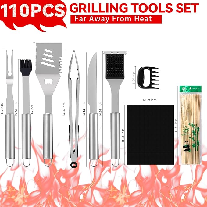 Supernal 110PCS Large Grilling Accessories,BBQ Accessories Heavy Duty Stainless Steel BBQ Grill Tools Set-Spatula,Tongs,Cleaning Brush & Meat Claws for Grills Outdoor Cooking,Gifts for Men Dad