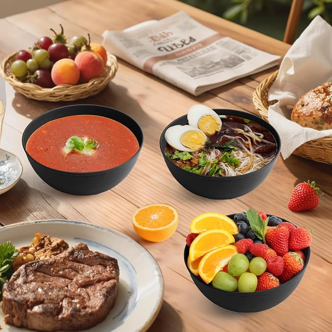 Homienly Wheat Straw Salad Bowls Set of 6, Alternative to Plastic Bowls Reusable, Microwave and Dishwasher Safe Bowl Set, 40 OZ Large Capacity for Cereal, Soup, Popcorn, Ramen, Anti-Slip Texture-Black