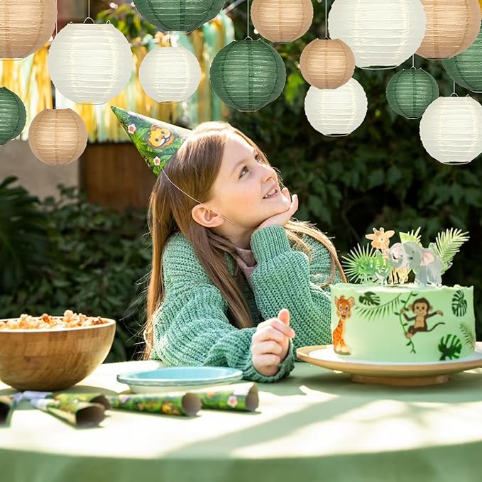 Green Round Chinese Paper Lanterns Decorative 15pcs Hanging Paper Lantern for Rustic Wedding Jungle Wonderland Themed Birthday Party Baby Shower