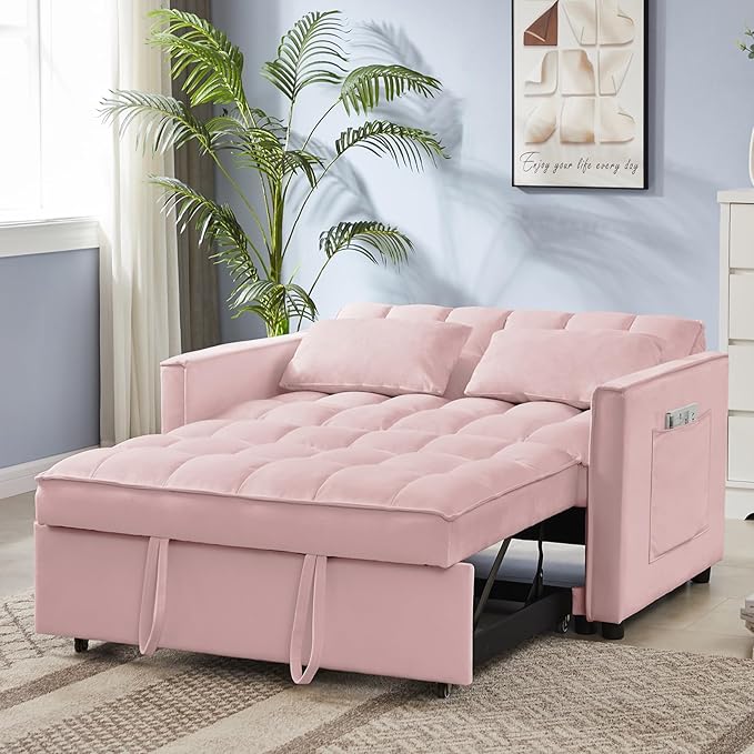 53.14" Velvet Convertible Sleeper Sofa Bed with Adjustable Backrest & Side Pocket, Pull-Out Loveseat Futon Couch for Small Spaces, Solid Wood Frame, Easy Assembly, 3-in-1 Sofa Bed for Living Room