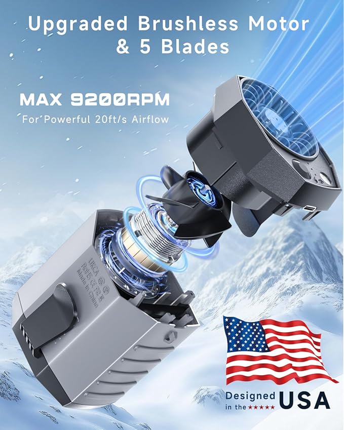 2025 Smart Portable Rechargeable Fan with LED Light & 25H Runtime, 4-Speed 9200RPM Turbo Cooling Personal Waist Fan, Wearable Neck & Belt Clip for Camping, Outdoor, Hiking - Grey