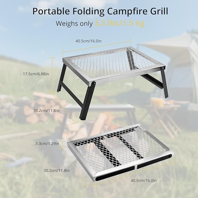 Folding Campfire Grill, 16" x 12" Heavy Duty Steel Mesh Grate Chrome Finish with Folding Legs, Portable Campfire Cooking Equipment, for Camping Outdoor BBQ Cooking Open Fire, Silver