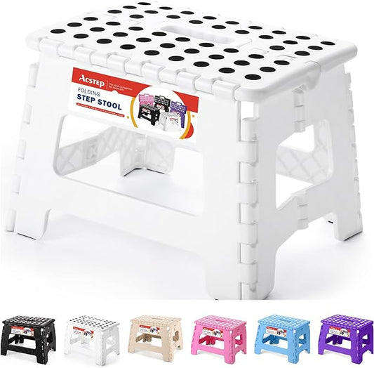 ACSTEP Folding Stool - Portable, Collapsible Plastic Step Stool, 9 Inch, Non Slip, Foldable, for Kitchen, Bathroom, Bedroom (White)