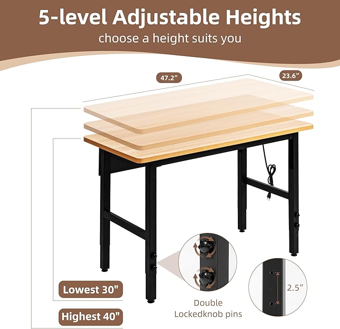 48" Adjustable Workbench with Power Outlets, Work Table for Garage, 2000 LBS Capacity Hardwood Work Bench, Heavy Duty Table for Workshop, Office, Garage, Home