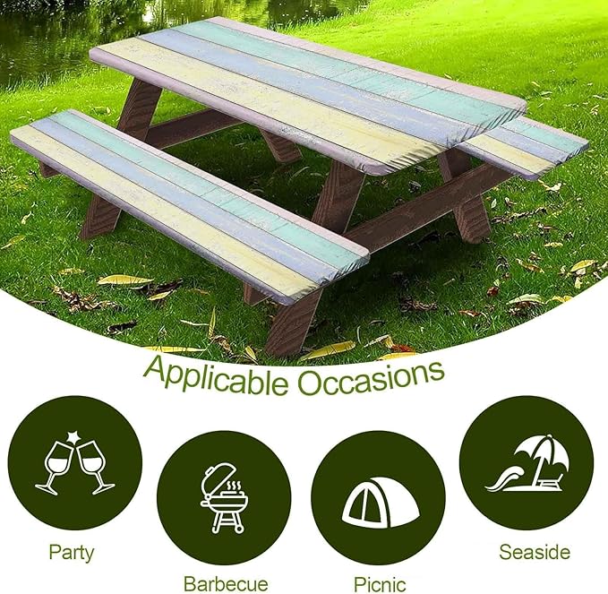 CAPSCEOLL Elastic Picnic Table Cover with Bench Covers 5Ft Waterproof Fitted Picnic Table Cover Cloths for Outdoors Camping Tablecloth with Drawstring Bag, 60X30in, Colorful Wood