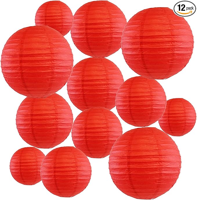 12Pcs Round Paper Lanterns Assorted Sizes (6" 8" 10" 12") for Home Decor, Restaurant, Church, Wedding, Birthday Party Decorations, Hanging Chinese Japanese Paper Lantern Lamps (Red)