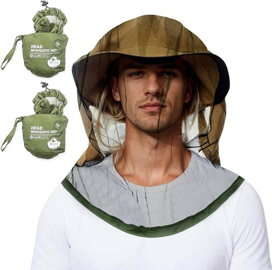 Benvo Mosquito Head Net Mesh One Piece Face Neck Fly Netting Cover from Bugs Gnats Noseeums Hat-Compatible Insect Shield for Fishing, Camping, Gardening (2pcs, Olive, Upgraded Big Net)