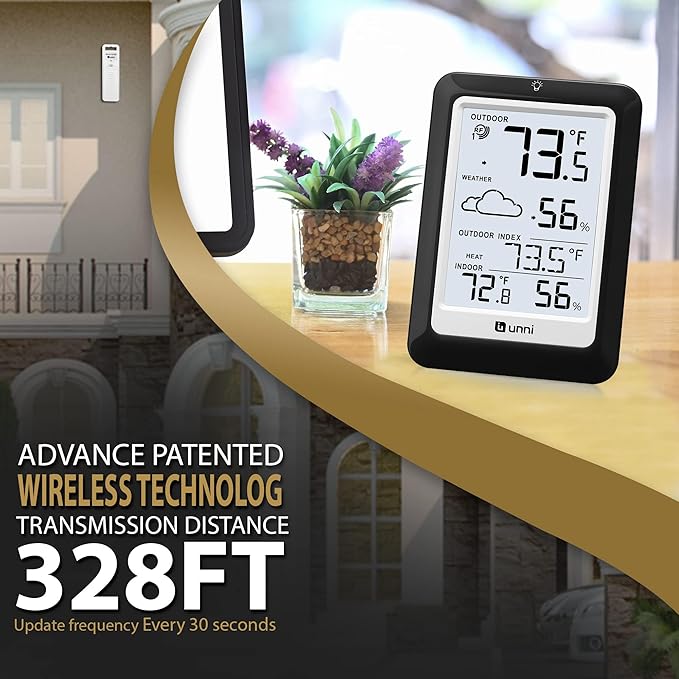 Indoor Outdoor Thermometer Hygrometer Wireless Weather Station, Temperature Humidity Monitor Battery Powered Inside Outside Thermometers with 330ft Range Remote Sensor(Black)