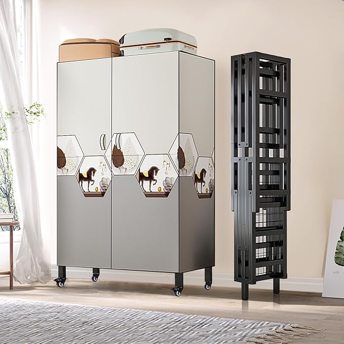 FPIGSHS Heavy Duty Clothes Rack with Magnetic Door 2000LBS Foldable Portable Wardrobe Closet for Hanging Clothing Rolling Garment Rack on Wheels for Bedroom Closet System (C(Pattern Door, 41.3in)