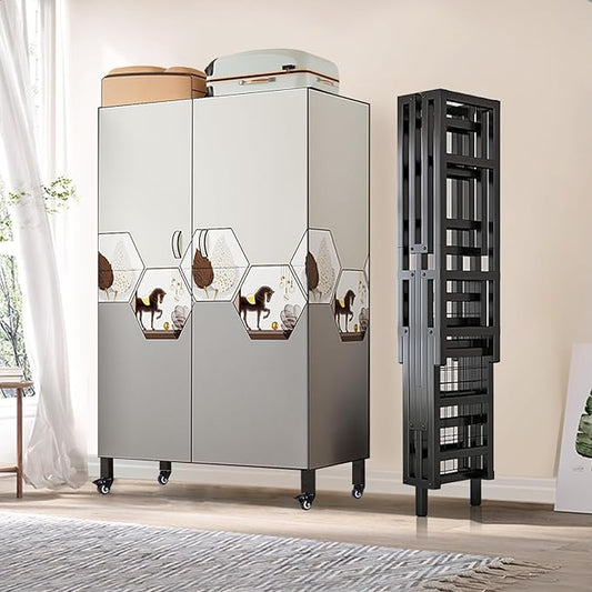 FPIGSHS Heavy Duty Clothes Rack with Magnetic Door 2000LBS Foldable Portable Wardrobe Closet for Hanging Clothing Rolling Garment Rack on Wheels for Bedroom Closet System (C(Pattern Door, 41.3in)