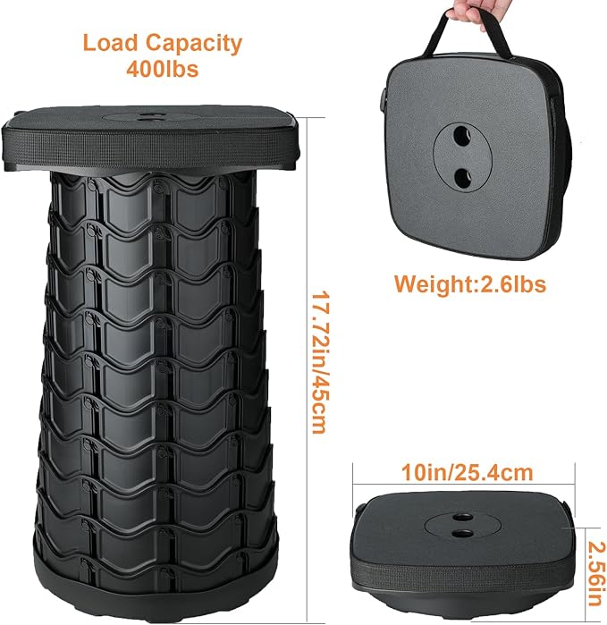 Boreeman Upgraded Collapsible Stool, Square Portable Stool, Lightweight Yet More Sturdy with Load Capacity 400lbs, Perfect for Camping Fishing Hiking BBQ (Square Black)