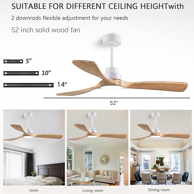 52" Ceiling Fans with Light with Remote Control Ceiling Fans with 3 Wood Blades, Solid Wood Ceiling Fan Indoor Outdoor for Dining Room, Living Room, Office, Farmhouse etc.…