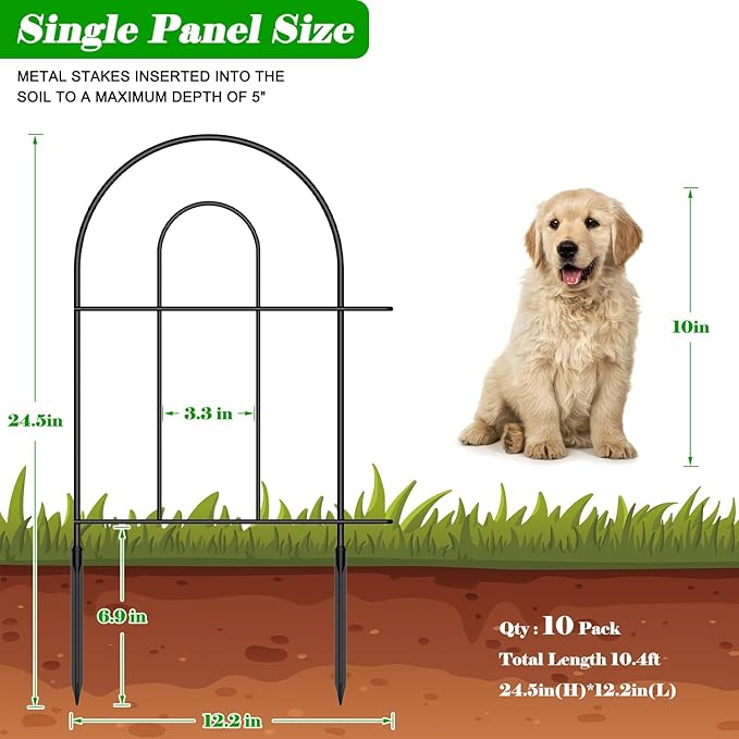 MOOACE Decorative Garden Fence 10 Pack, Total 10ft(L) x 24.5in(H) Rustproof Metal No Dig Fence, Garden Fencing Animal Barrier, Flower Fences and Borders for Dog, Yard, Patio, Outdoor Decor, Black
