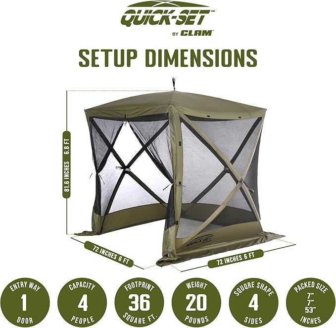 CLAM Pop Up Screen Tent, Outdoor Camping Gazebo Canopy, Traveler, 6' x 6', Green