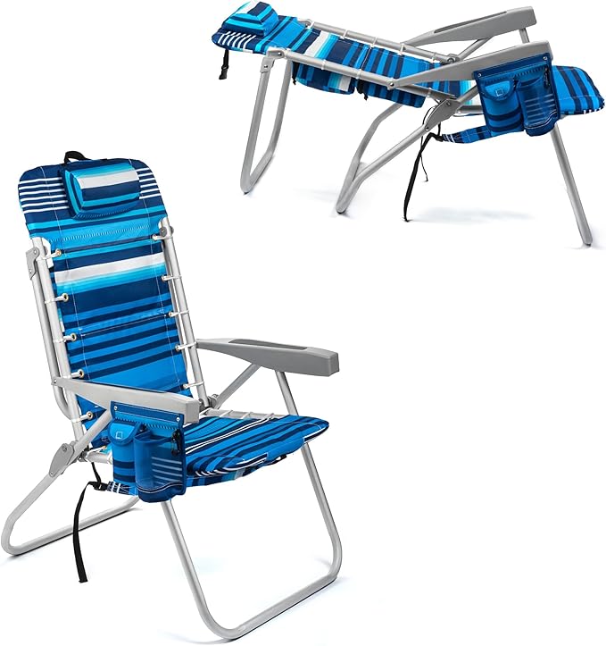 Homevative Backpack Fold-Up Beach Chair, 5 Positions, Towel bar, Cooler, Storage Pouch, Cup Holder and Phone Pocket